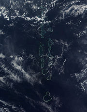 Satellite Image of the Maldives by NASA. Note that the southern most Atoll of the Maldives, Addu Atoll, is not visible on the image.
