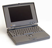 The PowerBook 100 (shown here), 140 and 170 introduced a line of professional laptop Macs. They pioneered notebook ergonomics by placing the keyboard behind a palm rest.