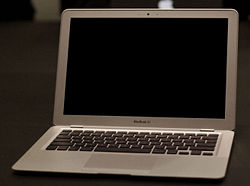 The MacBook Air, Apple's latest Mac, dubbed "The world's thinnest notebook". It was released at Macworld 2008.