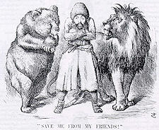 Political cartoon depicting Sher Ali Khan with his "friends" Britain & Russia (1878).