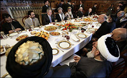 Politicians of Afghanistan having lunch with the visiting U.S. President George W. Bush in Kabul on March 1, 2006.