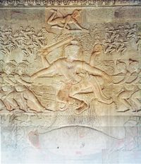 The bas-relief from Angkor Wat, Cambodia, shows Samudra manthan-Vishnu in the centre, his turtle avatar Kurma below, asuras and devas to left and right.