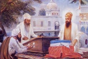 Guru Arjan dictating the Adi Granth to Bhai Gurdas.