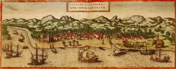 A depiction of Calicut, India published in 1572 during Portugal's control of the pepper trade