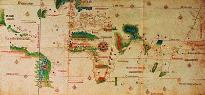 The Cantino planisphere (1502), one of the oldest surviving Portuguese nautical charts, showing the results of the explorations of Vasco da Gama's to India, Columbus' to Central America and Pedro Álvares Cabral's to Brazil. The meridian of Tordesillas, separating the Portuguese and Spanish halves of the world is also depicted