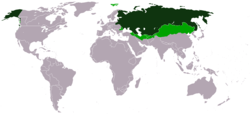Russian Empire (dark green) and areas within its sphere of influence (light green) as of 1866, at the time of the maximum territorial expansion of the empire.