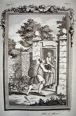 Christian enters the Wicket Gate, opened by Goodwill.  Engraving from a 1778 edition printed in England.
