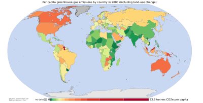 Per capita greenhouse gas emissions by country including land-use change