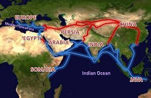 The Silk Road extending from Southern Europe through Arabia, Egypt, Persia, India till it reaches China.