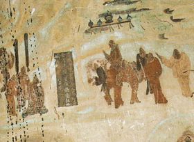 Zhang Qian leaving emperor Han Wudi, for his expedition to Central Asia from 138 to 126 BC, Mogao Caves mural, Dunhuang, 618–712.