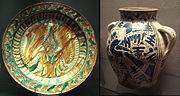 Italian pottery of the mid-15th century was heavily influenced by Chinese ceramics. A Sancai ("Three colors") plate (left), and a Ming-type blue-white vase (right), made in Northern Italy, mid-15th century. Musée du Louvre.