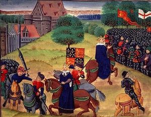 The end of the revolt: Wat Tyler (also spelt Tighler) killed by Walworth while Richard II watches, and a second image of Richard addressing the crowd