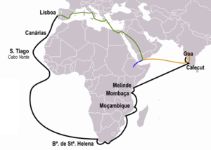 This figure illustrates the path of Vasco da Gama's course to India (black), the first to go around Africa. The trips of Pero da Covilha (orange) and Afonso de Paiva (blue) are also shown, with common routes shown in green.