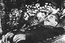 Stalin lying in state in Lenin's mausoleum