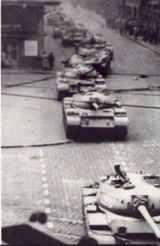 Column of Soviet T-54 tanks re-entering Budapest on November 4, 1956