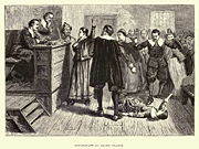 A depiction of a 1600s criminal trial, for witchcraft in Salem