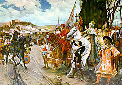 Surrender of Granada's king in the presence of the Catholic Kings.