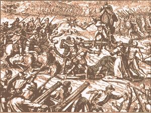 Emperor Atahualpa is shown surrounded on his palanquin at the Battle of Cajamarca.