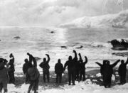 Shackleton returned to Elephant Island in August 1916 and found that all 22 men left behind had survived. The original nitrate photo of the departure of the James Caird was altered by photographer Frank Hurley to illustrate the return of Shackleton.