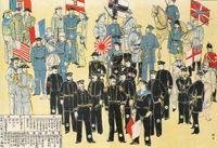 Military of the Powers during the Boxer Rebellion, with their naval flags, from left to right: Italy, United States, France, Austria-Hungary, Japan, Germany, United Kingdom, Russia. Japanese print, 1900.