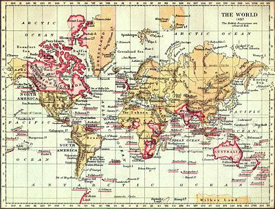 The British Empire in 1897, marked in pink, the traditional colour for Imperial British dominions on maps.