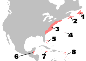 British colonies in North America, c. 1750.  1: Newfoundland; 2: Nova Scotia; 3: The Thirteen Colonies; 4: Bermuda; 5: Bahamas; 6: Belize; 7: Jamaica; 8: Lesser Antilles