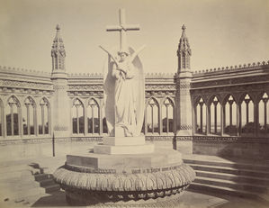 A memorial erected (circa 1860) by the British after the Mutiny was crushed at the Bibi Ghar Well. After India's independence the statue was moved to the Memorial Church, Cawnpore. Albumen silver print by Samuel Bourne, 1860.
