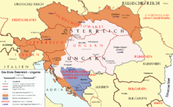 Austria–Hungary and new states that emerged in 1918.      Empire of Austria in 1914      Kingdom of Hungary in 1914      Bosnia and Herzegovina in 1914                      Border of Austria–Hungary in 1914                      Borders in 1914                      Borders in 1920