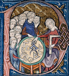 Woman teaching geometry. Illustration at the beginning of a medieval translation of Euclid's Elements, (c.1310)
