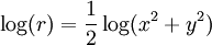\,\log(r) = \frac12\log(x^2 + y^2)