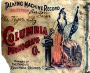 Portion of the label on the outside of a Columbia Records cylinder package, before 1901. Note the title of the recording is hand written on the label.