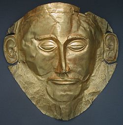 The so-called 'Mask of Agamemnon'. Discovered by Heinrich Schliemann in 1876 at Mycenae. Whether it represents an individual, and who, remain unknown.