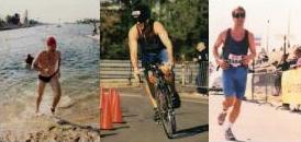 The three events of the triathlon (from left to right): Swimming, cycling, running