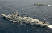 INS Mysore D60, of the Indian Navy during an exercise with the US Navy.
