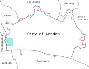 Borders of the City of London, showing surrounding London Boroughs and the pre-1993 boundary (where changed). The area covered by the Inner and Middle Temples is marked.