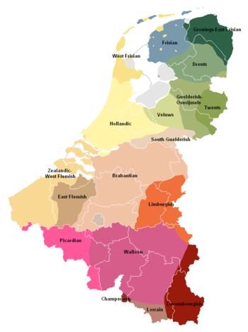 Position of South Guelderish (colour: liverish) among the other minority languages, regional languages and dialects in the Benelux