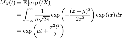 
\begin{align}
M_X(t) & {} = \mathrm{E} \left[ \exp{(tX)} \right] \\
& {} = \int_{-\infty}^{\infty}  \frac{1}{\sigma \sqrt{2\pi} }
\exp{\left( -\frac{(x - \mu)^2}{2 \sigma^2} \right)}
\exp{(tx)} \, dx \\
& {} = \exp{ \left(  \mu t + \frac{\sigma^2 t^2}{2} \right)}
\end{align}

