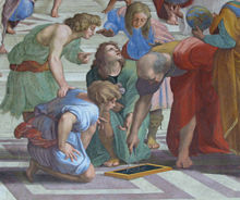 Euclid, Greek mathematician, 3rd century BC, as imagined by Raphael in this  detail from The School of Athens.