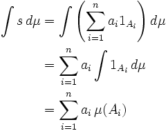 \begin{align}
 \int s \, d\mu &{}= \int\left(\sum_{i=1}^{n} a_i 1_{A_i}\right) d\mu \\
  &{}= \sum_{i=1}^{n} a_i\int 1_{A_i} \, d\mu \\
  &{}= \sum_{i=1}^{n} a_i \, \mu(A_i)
\end{align}