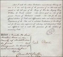 The philosopher Karl Marx's 1874 British citizenship document. (Public Record Office).