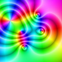 Domain Coloring plot of the function f(x)=(x²-1)(x-2-i)²/(x²+2+2i). The hue represents the function argument, while the saturation represents the magnitude.