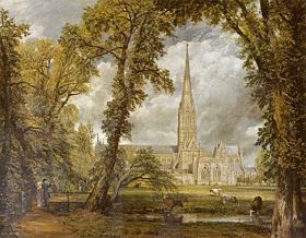 Salisbury Cathedral by John Constable, ca. 1825. As a gesture of appreciation for the Bishop of Salisbury, who commissioned this painting, Constable included the Bishop and his wife in the canvas. Their figures can be seen at the bottom left of the painting, behind the fence and under the shade of the trees.
