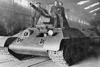 A T-34 tank rolls off the line at the Krasnoye Sormovo Factory No. 112 in Gorki. The Soviet Union manufactured 58,000 T-34s during the war.