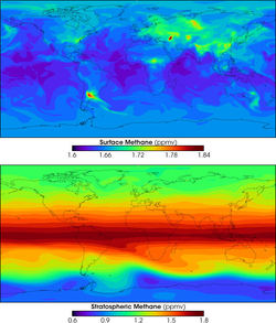 Computer models showing the amount of methane (parts per million by volume) at the surface (top) and in the stratosphere (bottom).