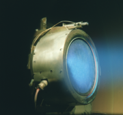A prototype of a xenon ion engine being tested at NASA's Jet Propulsion Laboratory.