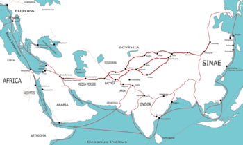 Trading routes used around the 1st century CE centred on the Silk Road.