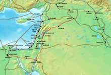 The Via Maris (purple), King's Highway (red), and other ancient Levantine trade routes, c. 1300 BCE.
