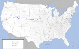 Route of the first American transcontinental railroad from Sacramento, California, to Council Bluffs, Iowa.