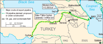 Route of the Baku-Tbilisi-Ceyhan pipeline.