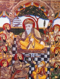 A rare Tanjore style painting from the late 19th century depicting the ten Sikh Gurus with Bhai Bala and Bhai Mardana.